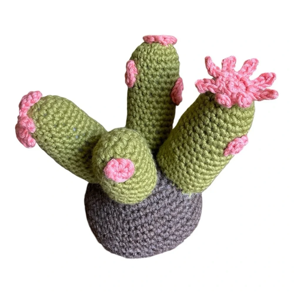 Handmade Crochet Blooming Cactus in Pot Succulent with Pink‎ Flowers Home Decor